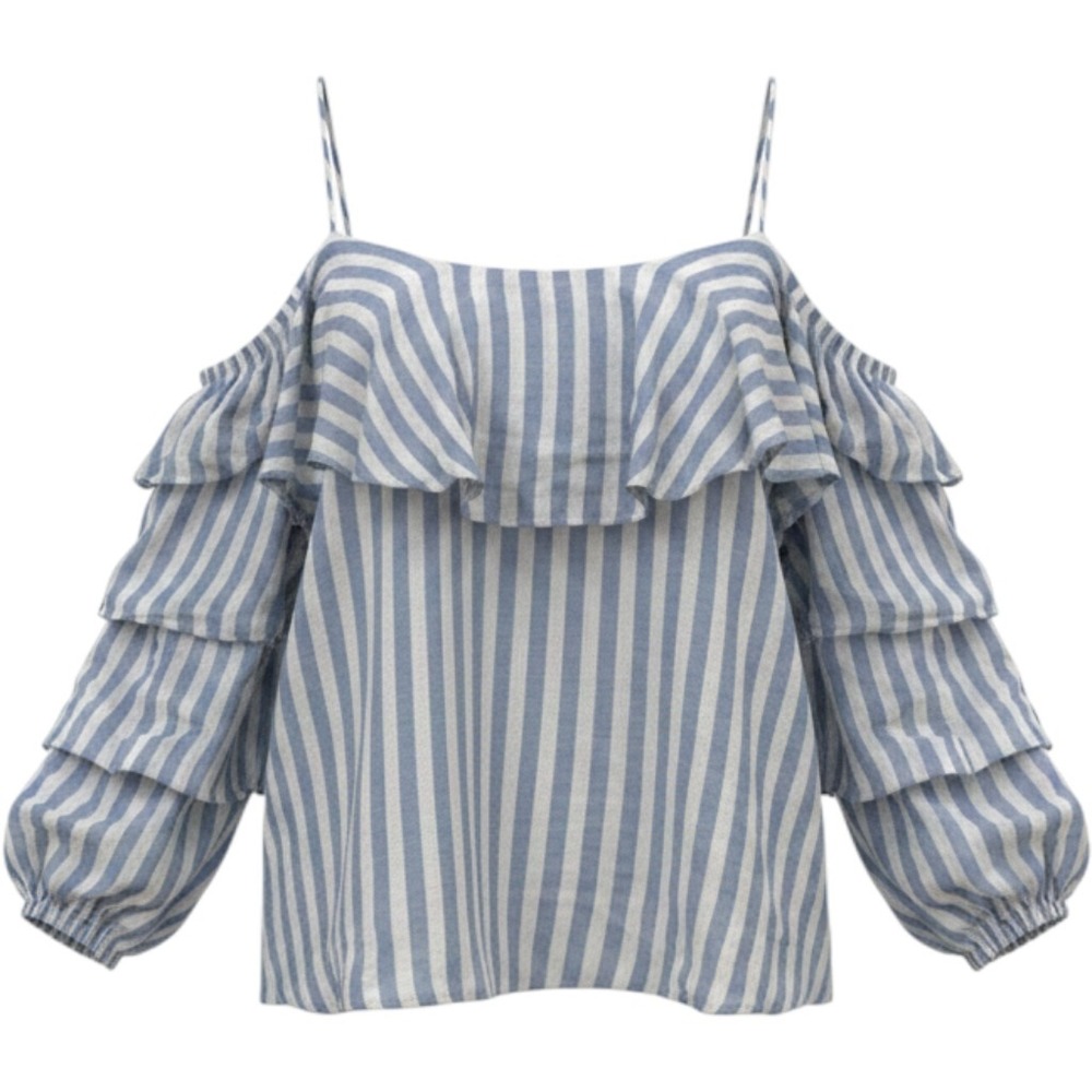 Zara Blouse Womens Medium Blue Linen Striped Cold Shoulder Ruffle Boho Coastal